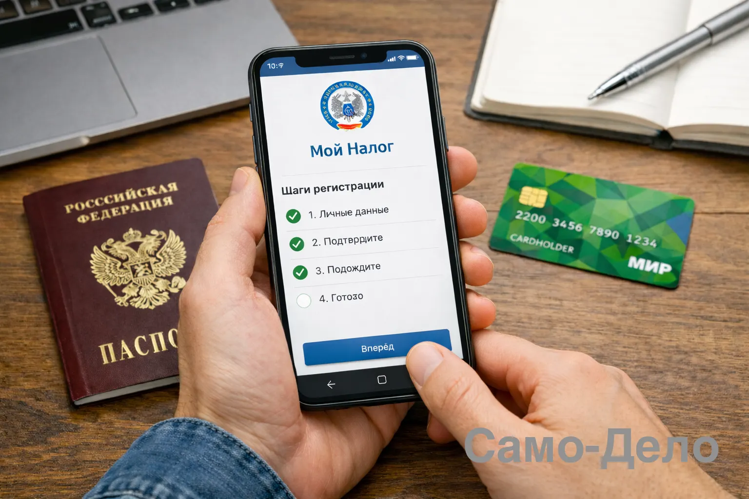 Экран смартфона с открытым приложением «Мой налог» и шагами регистрации