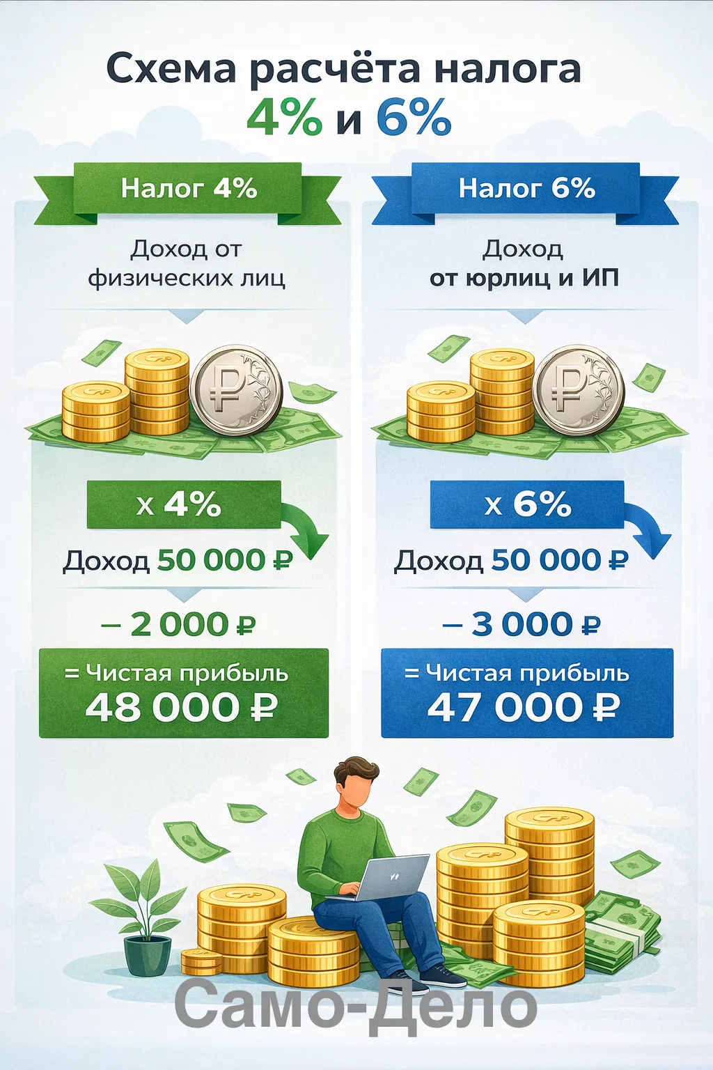 Схема расчёта налога 4% и 6% с примерами дохода и чистой прибыли