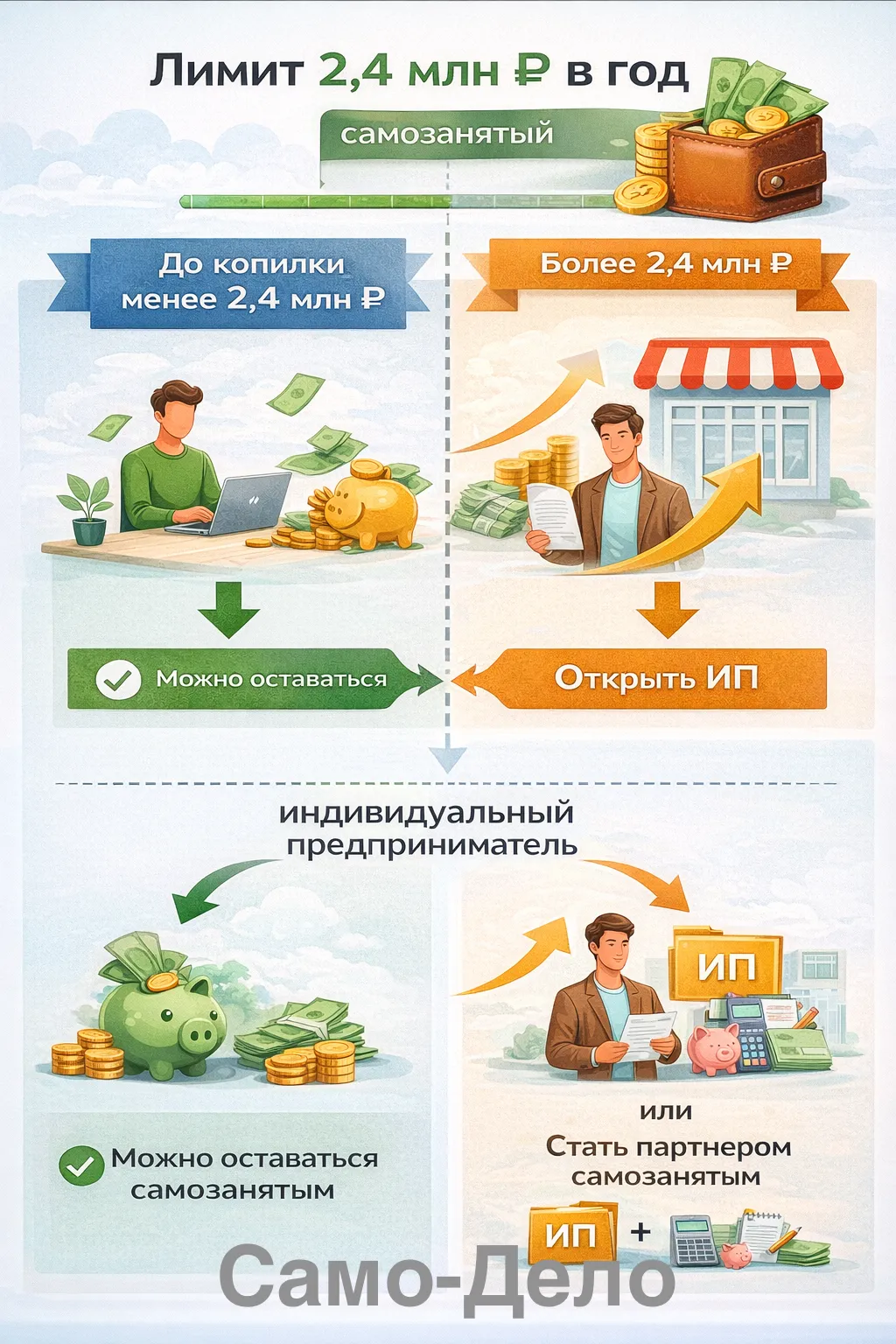Лимит 2,4 млн ₽ в год и варианты перехода на ИП при росте оборота.
